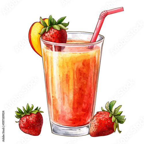 A watercolor drawing of a glass of strawberry peach juice, isolated on a white background. Strawberry peach juice vector.
