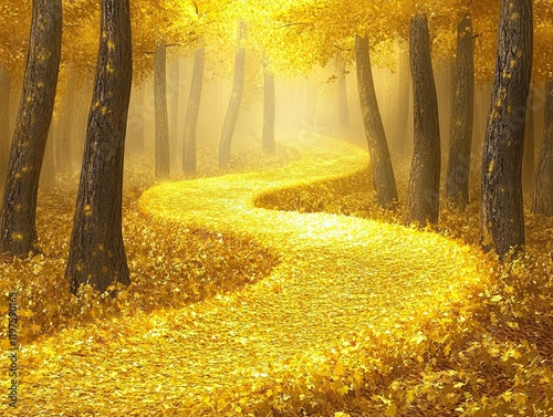 Golden autumn path winds through misty forest.