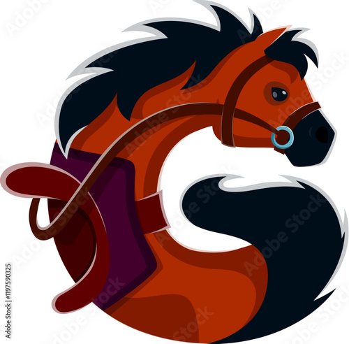 Horse shaped letter G featuring bold mane, bridle and saddle. Wild West cartoon vector font merges typography and animal imagery. Cowboy, equestrian, wild west typeface, western type, English alphabet