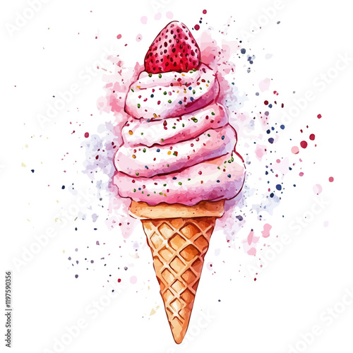 A watercolor of a strawberry ice cream cone with sprinkles, isolated on a white background. Strawberry ice cream cone vector.
