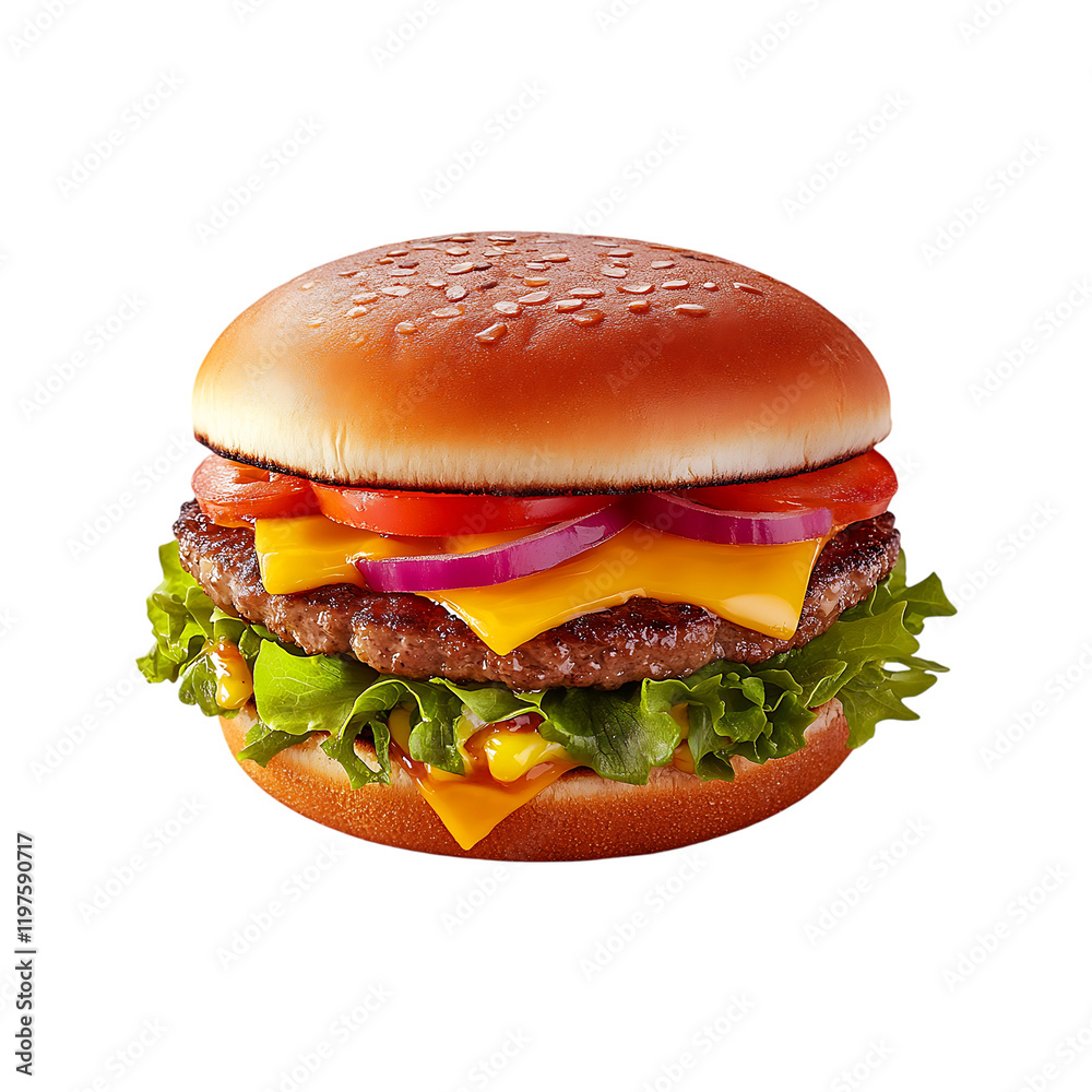 Fresh delicious burger isolated on a transparent background.