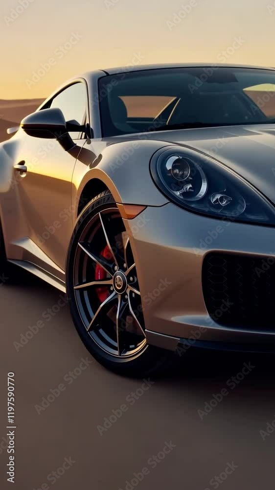 Sleek sports car with metallic finish in desert landscape at sunset Sleek sports car with metallic finish in desert landscape at sunset
