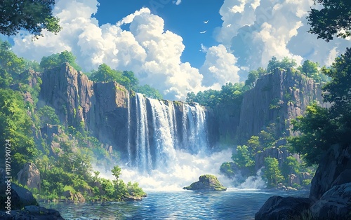Sunny Summer Waterfall Landscape