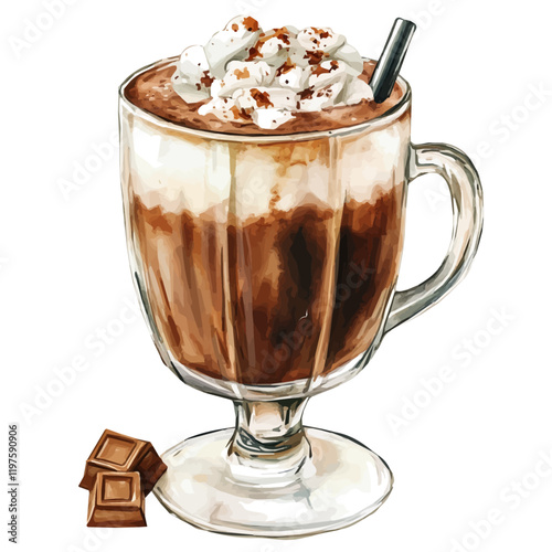 A watercolor painting of a cup of spiked hot chocolate, isolated on a white background. Spiked hot chocolate vector.
