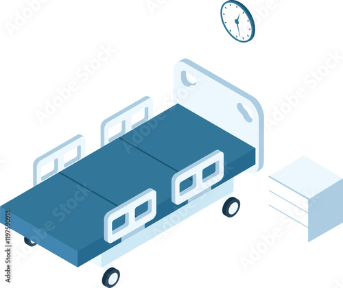 Adjustable empty hospital bed with bedside table and clock on white background representing healthcare, hospitalization, illness, recovery and the passage of time