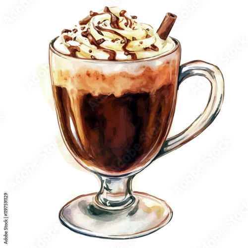 A watercolor drawing of a cup of spiked hot chocolate, isolated on a white background. Spiked hot chocolate vector.
