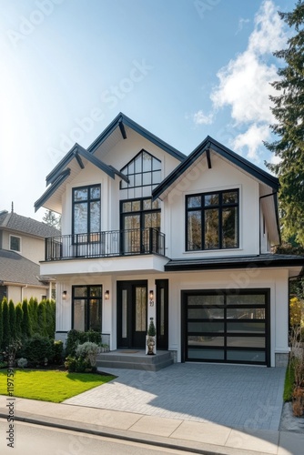 A contemporary two-story residence boasting expansive windows and a chic facade  nestled in a tranquil neighborhood under the bright sunshine
