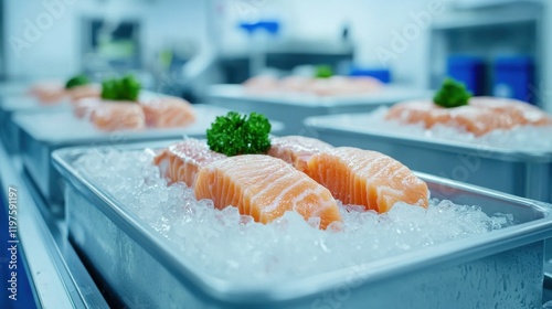 Food safety hygiene quality concept. Fresh Seafood Artfully Displayed on Ice in a Clean Controlled Environment