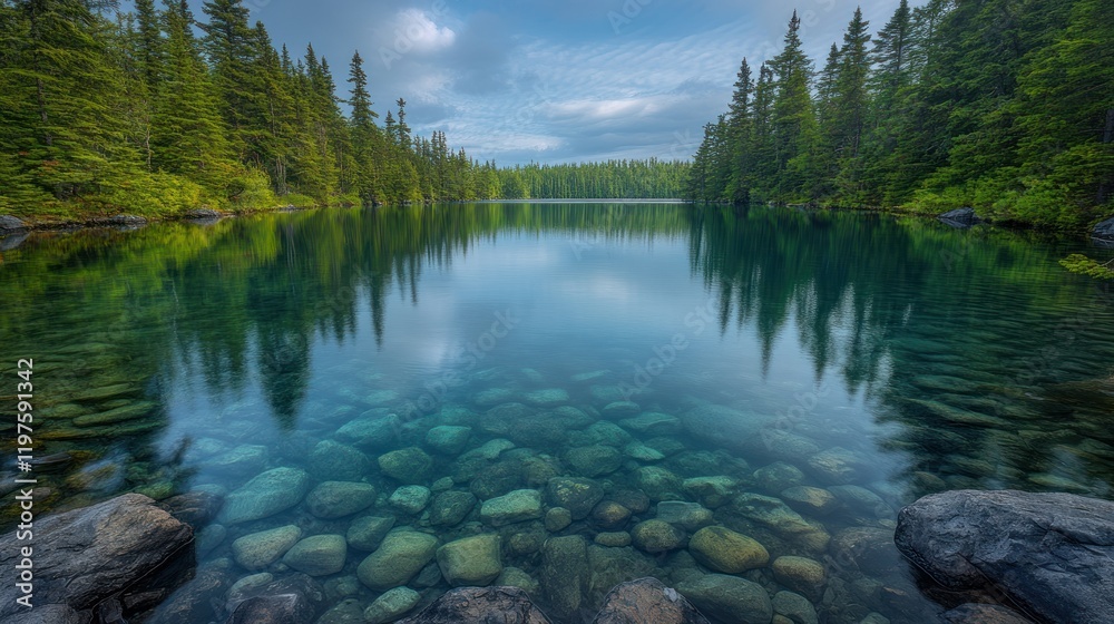 Fototapeta premium Calm lake, forest reflection, clear water, rocky shore, morning mist