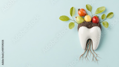 An abstract depiction of a tooth growing as a tree, with roots spreading into healthy soil and branches filled with fruits