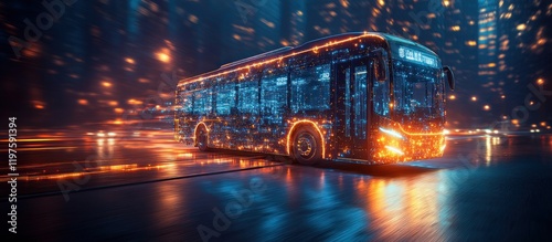 A futuristic electric bus illuminated by neon lights driving on a highway at night. photo