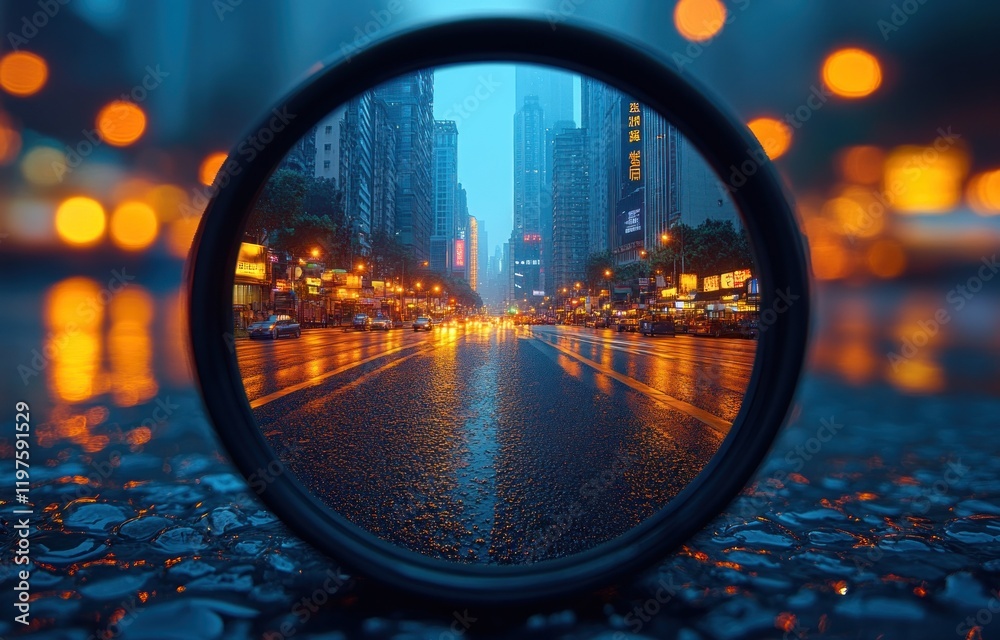 Rainy city street viewed through lens at night Rainy city street viewed through lens at night