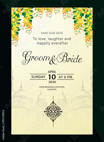 simple wedding card design containing floral decoration and monuments