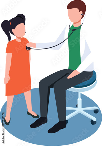 Pediatrician doctor using a stethoscope examining a little girl patient during medical consultation in hospital or clinic, healthcare and medicine isometric illustration