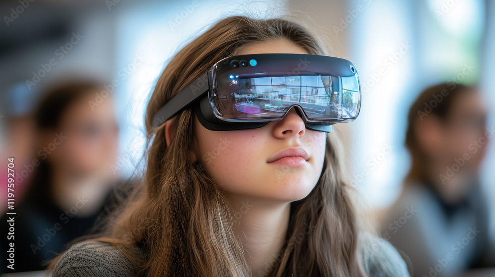 A young student uses advanced augmented reality glasses for interactive learning in a bright, spacious classroom. Peers are focused and attentive, enhancing the experience.