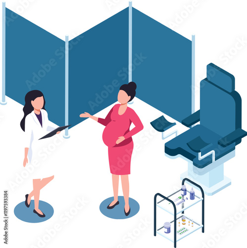 Gynecologist discussing medical report with expecting mother during consultation in hospital room, emphasizing healthcare and pregnancy support in a professional setting