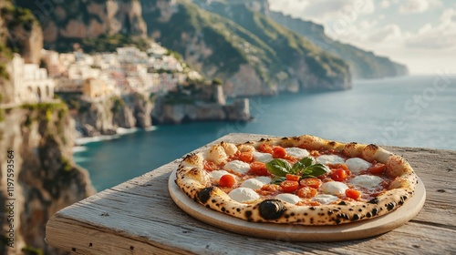 Rustic pizza topped with fresh ingredients overlooking the Amalfi Coast at sunset