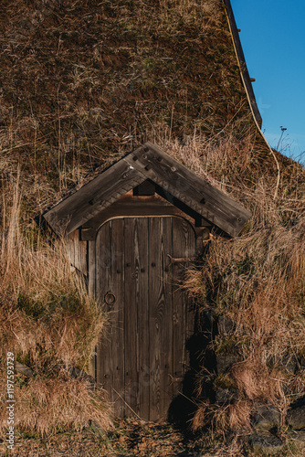 Close-up of a carved wooden door on a traditional turf house in Thorlaksbud, south Iceland... photo