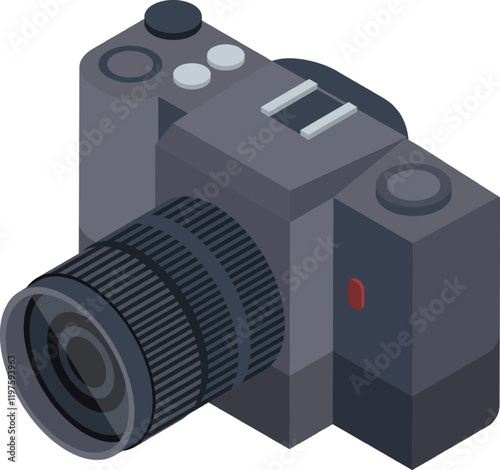 Isometric illustration of a professional digital SLR camera, showcasing its advanced features and highlighting its role in photography and videography