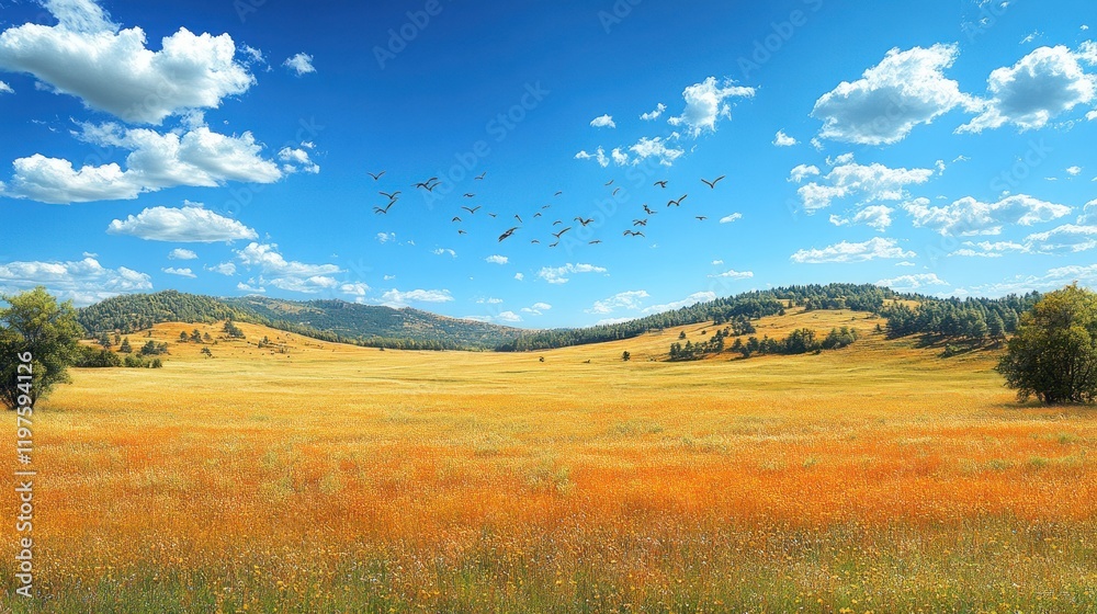 Obraz premium Golden meadow under a blue sky with birds flying over hills.