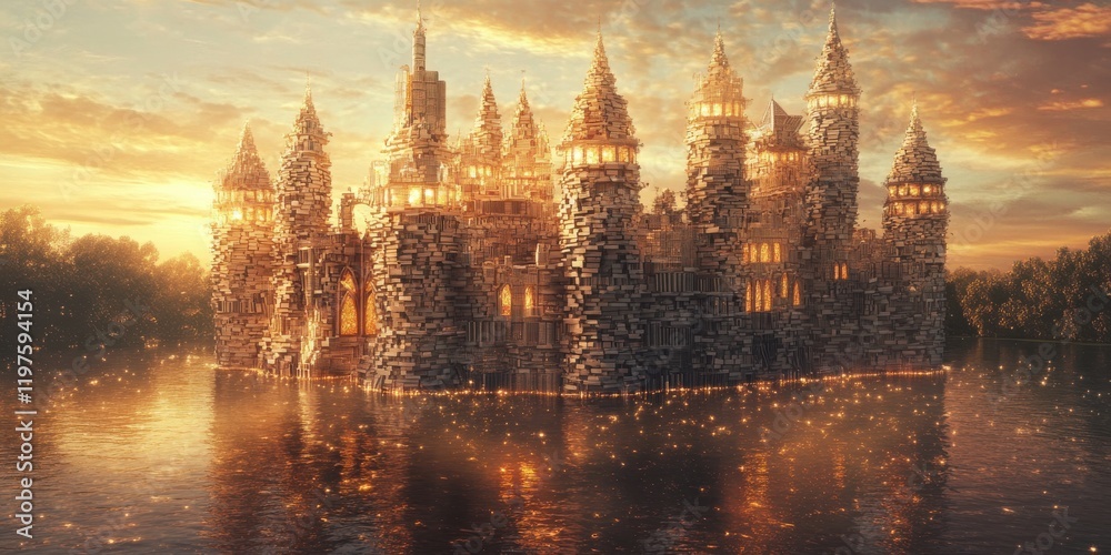 Fototapeta premium Majestic castle reflecting golden sunset on tranquil lake with illuminated turrets