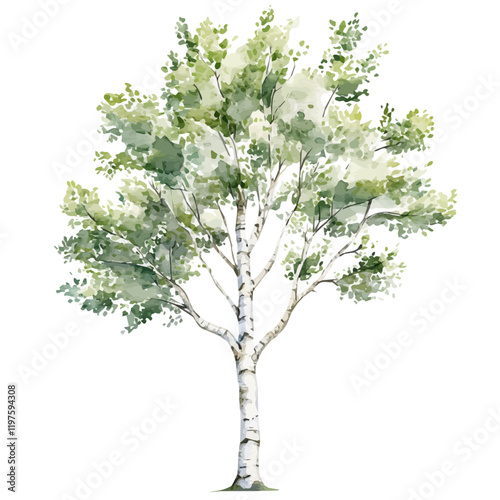 A watercolor drawing of a silver birch tree, isolated on a white background. Silver birch tree vector.
