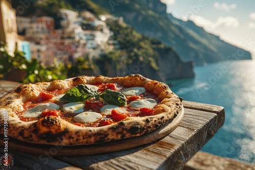Rustic pizza with fresh ingredients overlooking the Amalfi Coast at sunset
