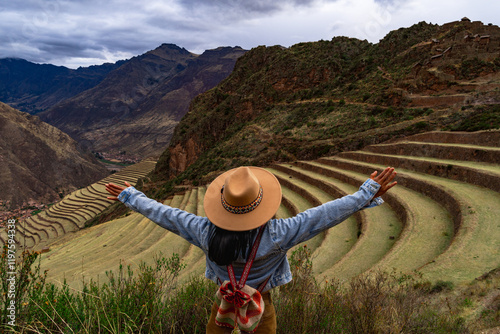 Vászonkép Latin tourist looking at the terraces of Pisac, Pisac archaeological complex in
