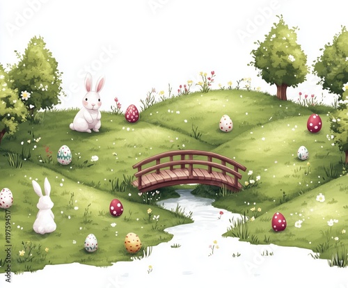 Charming scene of a white rabbit on a grassy hill with colorful easter eggs.