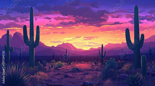Desert sunset, cacti silhouettes, vibrant colors.