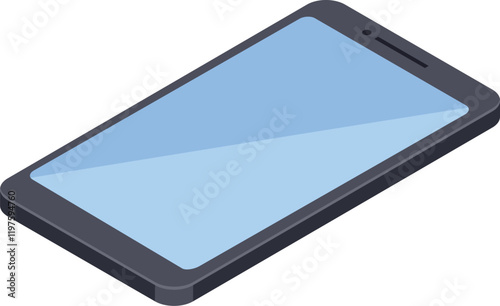 Modern smartphone with blank screen showing gradient blue light is isolated on white background, isometric view of mobile device is perfect for showcasing apps or websites