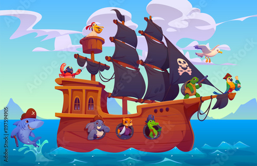 Cartoon sail ship with animal pirates characters. Vector brigantine with parrot, turtle, crocodile and tiger, elephant, crab and pelican bird crew sailing across the ocean with shark enjoying journey