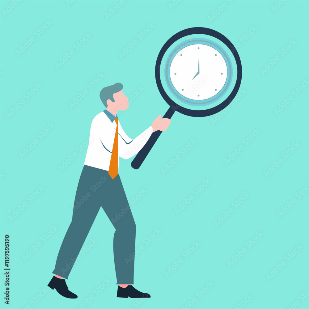 punctuality, A man is using a magnifying glass to examine his watch. punctuality, A man is using a magnifying glass to examine his watch.