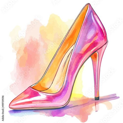 A watercolor vector of shiny high heels for events, isolated on a white background. Shiny high heels vector.
