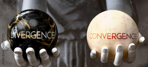 Divergence or Convergence - decide between two options. Greek statue presenting a choice: divergence or convergence, weighing their values. Looking at pros and cons.  ,3d illustration