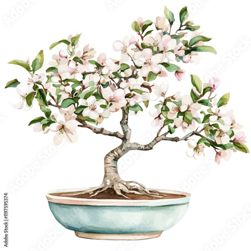 A watercolor of a serviceberry bonsai, isolated on a white background. Serviceberry bonsai vector.
