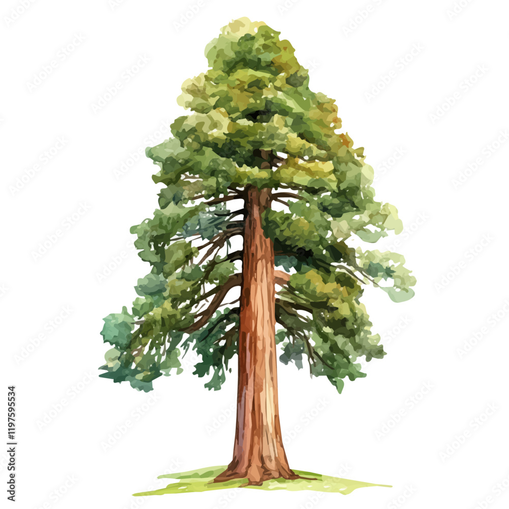 A watercolor of a sequoia tree, isolated on a white background. Sequoia tree vector.
