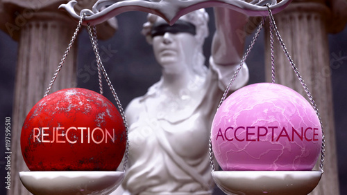 Rejection or Acceptance as a choice, two options to choose from. Greek statue presenting two alternatives: rejection or acceptance, weighing their values. Looking at pros and cons. ,3d illustration