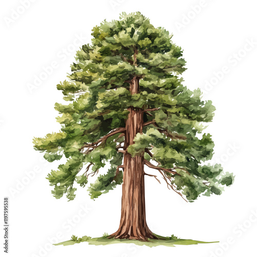 A watercolor of a sequoia tree, isolated on a white background. Sequoia tree vector.
