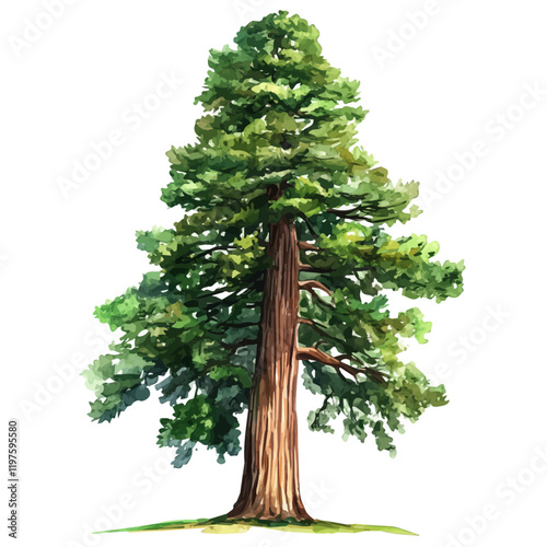 A watercolor of a sequoia tree, isolated on a white background. Sequoia tree vector.
