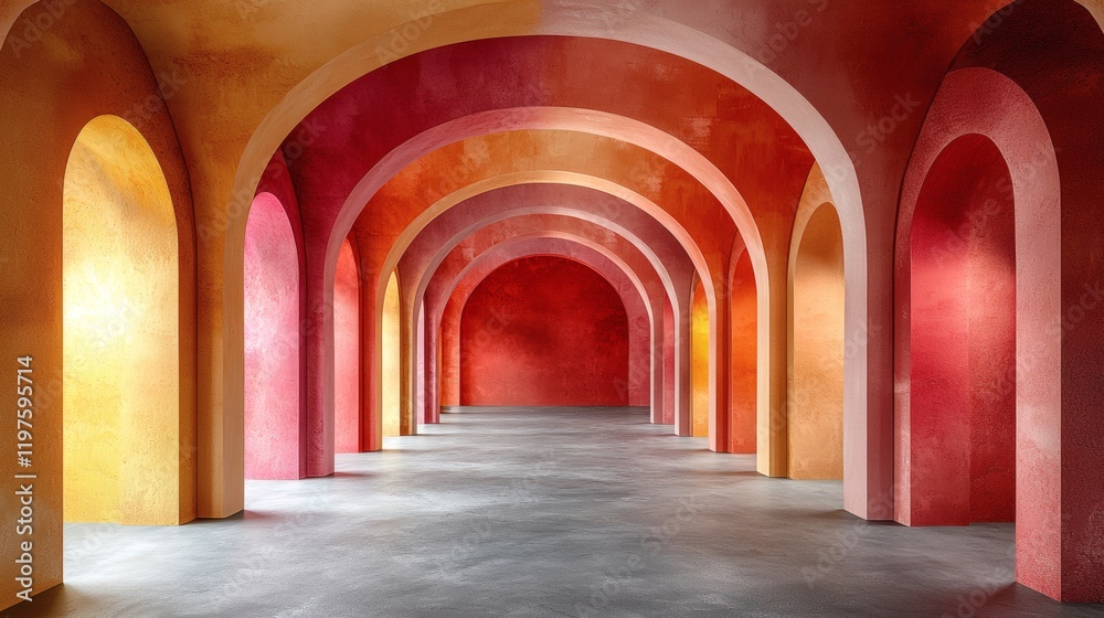 Naklejka premium Abstract Passage of Colour: A mesmerizing hallway with repeating archways, painted in vibrant hues of red, orange and yellow.