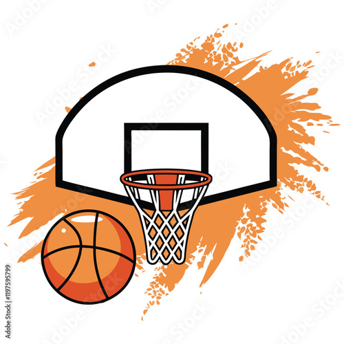 A vibrant graphic design featuring a basketball hoop and ball.