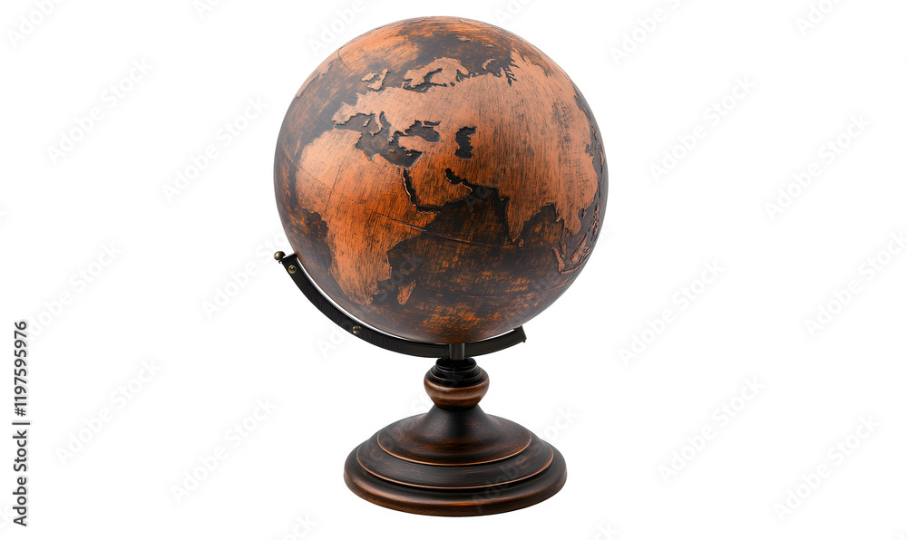 Antique wooden globe on stand, dark background, global education Antique wooden globe on stand, dark background, global education