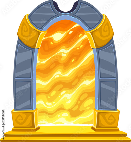 Fantasy game magic portal door, witchcraft game asset. Mystical magic teleport, stone archway with golden runes and glowing orange and yellow plasma. Cartoon vector gateway to magical realm travel