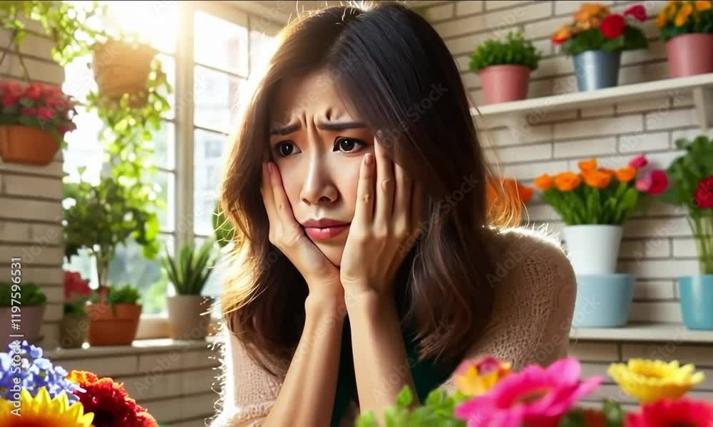 Woman looks troubled while arranging flowers in a bright indoor garden surrounded by colorful plants Woman looks troubled while arranging flowers in a bright indoor garden surrounded by colorful plants