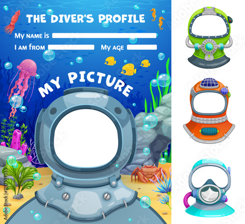 Kids diver profile form. Cartoon vector template for the little frogman questionnaire with photo frame scuba gear helmets and line for personal information, name and age. Adventure game in underwater