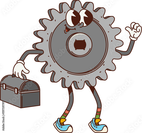Cartoon retro groovy car gear character. Auto mechanic garage spare part retro groovy personage. Vehicle maintenance cog wheel funky isolated vector character or car repair service cartoon mascot