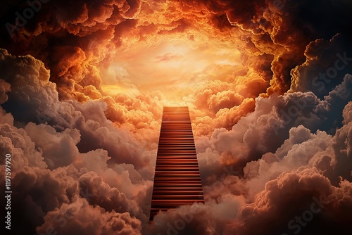 goal of life concept Staircase leading into a vibrant, cloud-filled sky with a dramatic sunlit horizon evokes a sense of adventure and transcendence. photo