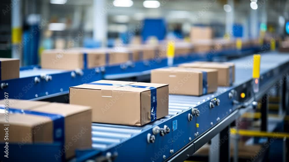 Cardboard box is moving on conveyor belt. Delivery of parcels, packaging services and transport packages. Conveyor belt gracefully transporting packages in a bustling warehouse fulfillment center. Cardboard box is moving on conveyor belt. Delivery of parcels, packaging services and transport packages. Conveyor belt gracefully transporting packages in a bustling warehouse fulfillment center.
