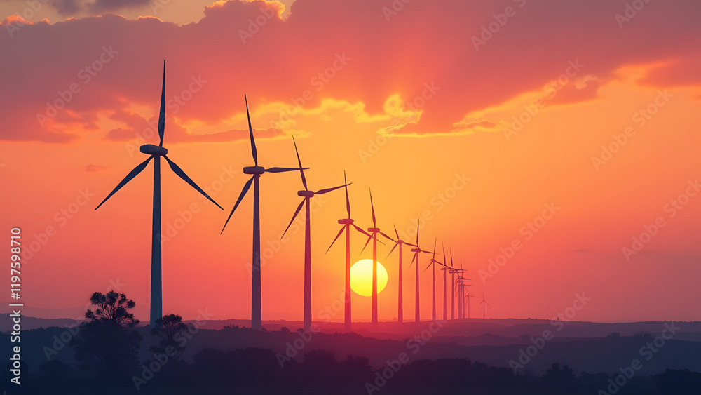 Obraz premium A wind farm at sunset features rows of turbines generating clean energy against a vibrant orange and pink sky in a minimalist style